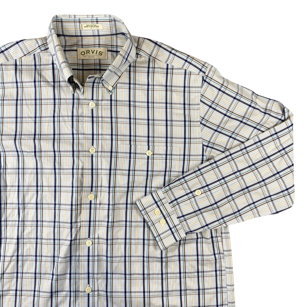 Orvis Sporting Traditions Mens Large Plaid Cotton Button Down Shirt Blue Brown
